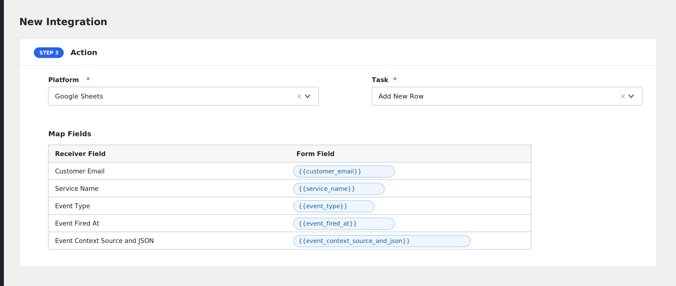 field mapping section showing Webba booking fields such as Customer Email and Service Name