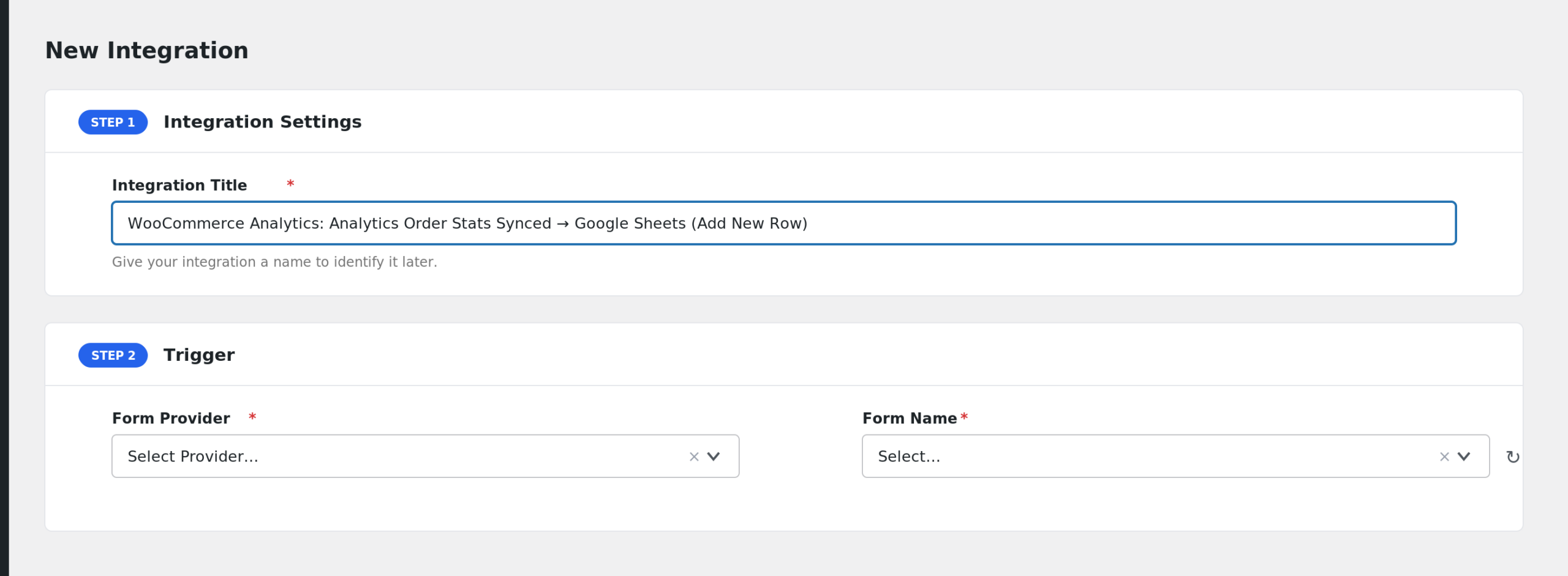 AFI Add New screen with the Integration Title field renamed