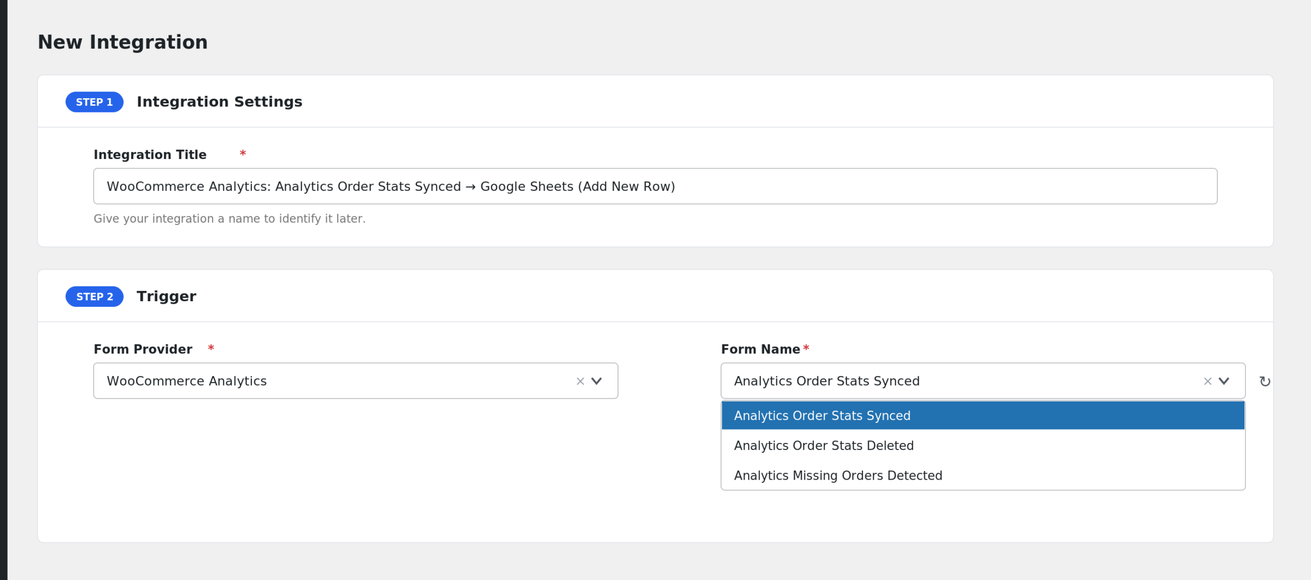 Trigger section showing WooCommerce Analytics selected and the three events in the Form/Task Name dropdown