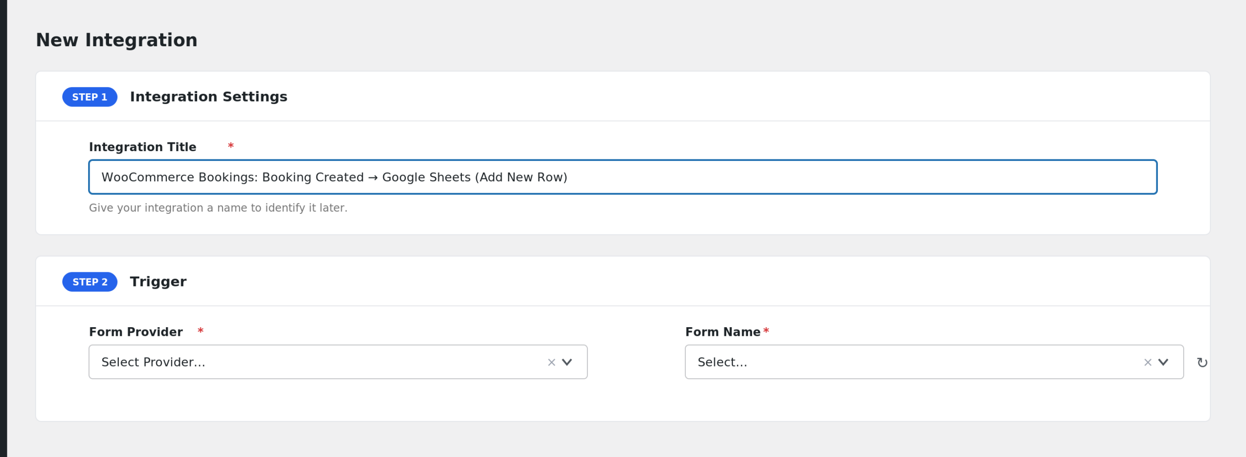 AFI Add New screen with a renamed Integration Title