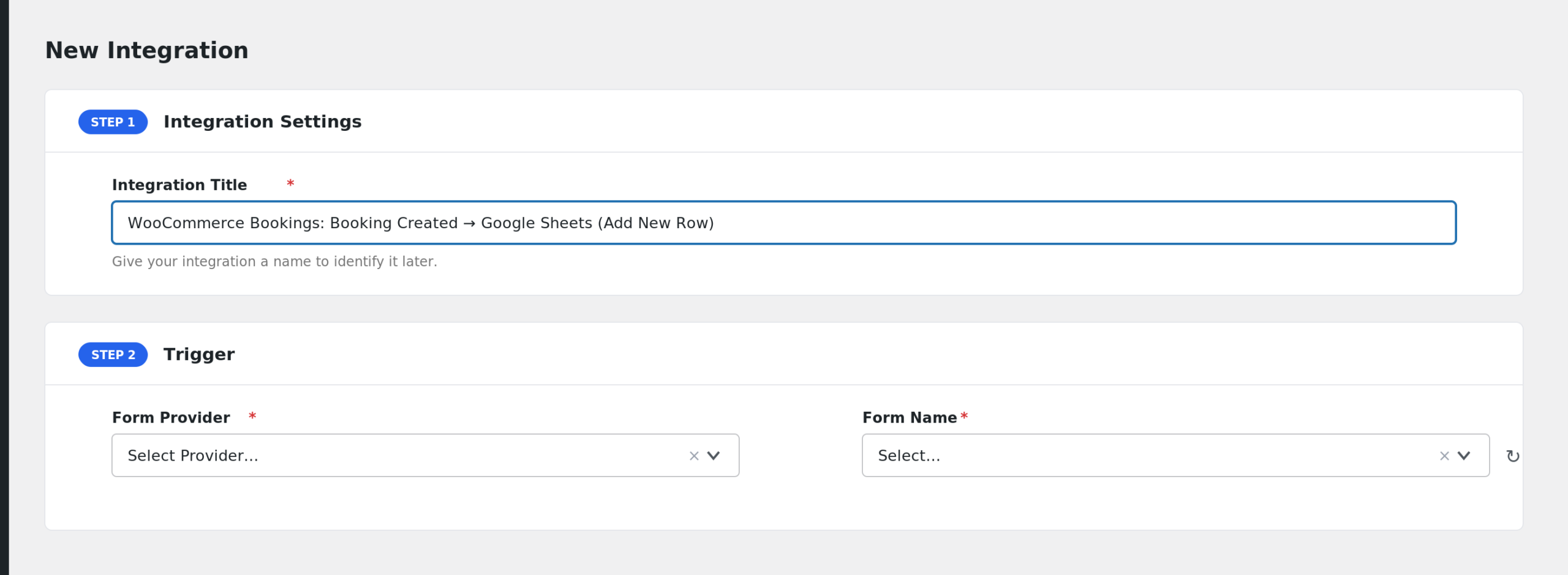 AFI Add New screen with a renamed Integration Title