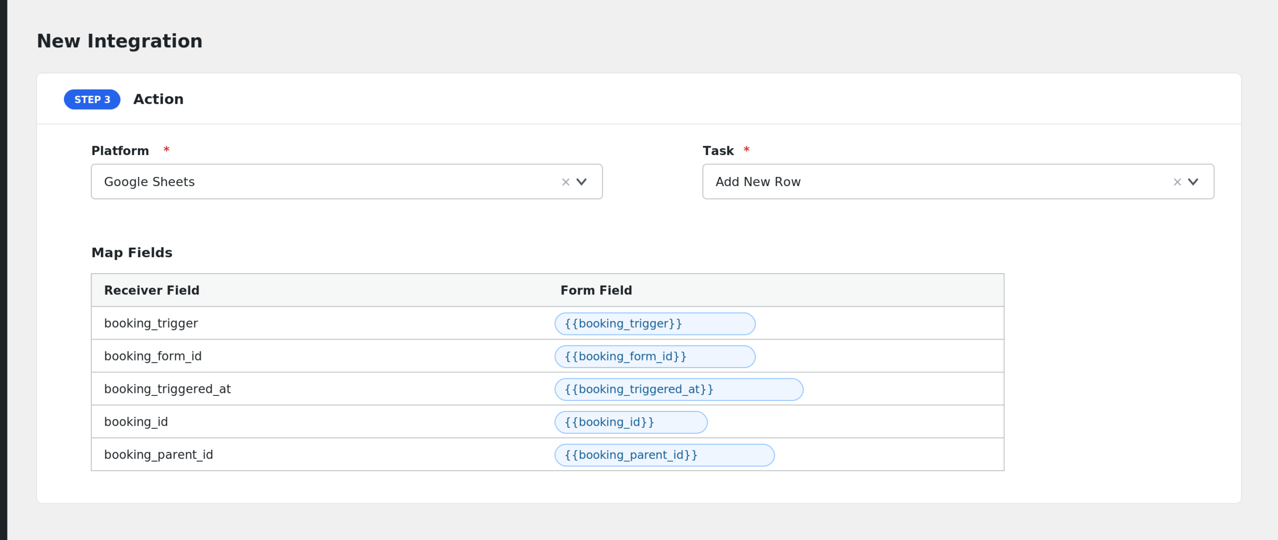 Field mapping between booking fields and the receiver platform