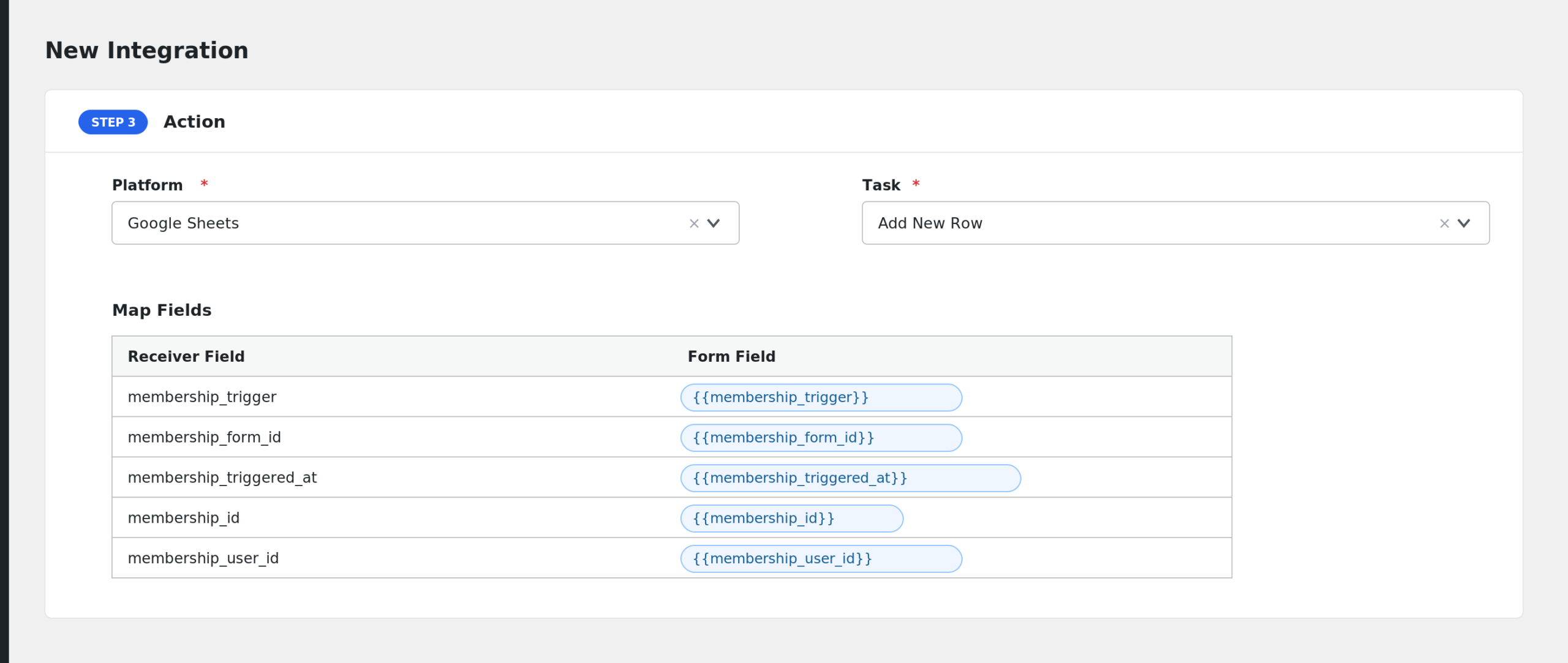 Field mapping between membership fields and receiver fields