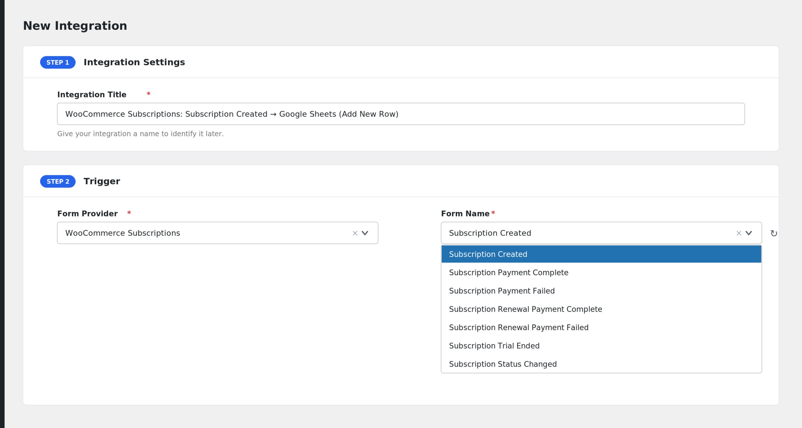 AFI New Integration screen with WooCommerce Subscriptions selected and the event list open