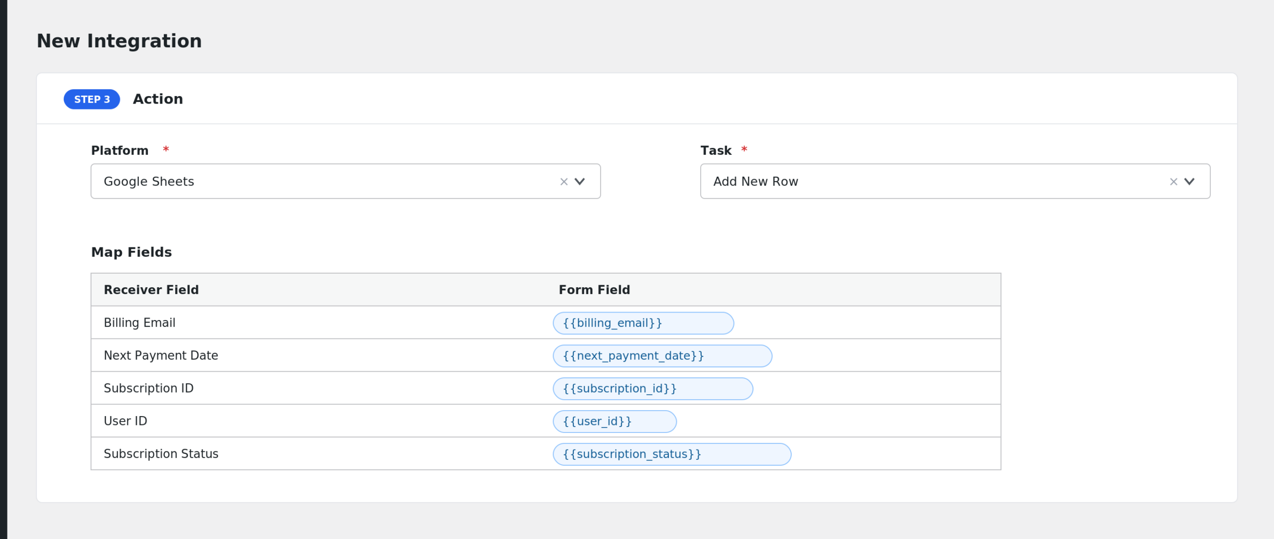 field mapping section showing subscription fields such as Billing Email and Next Payment Date