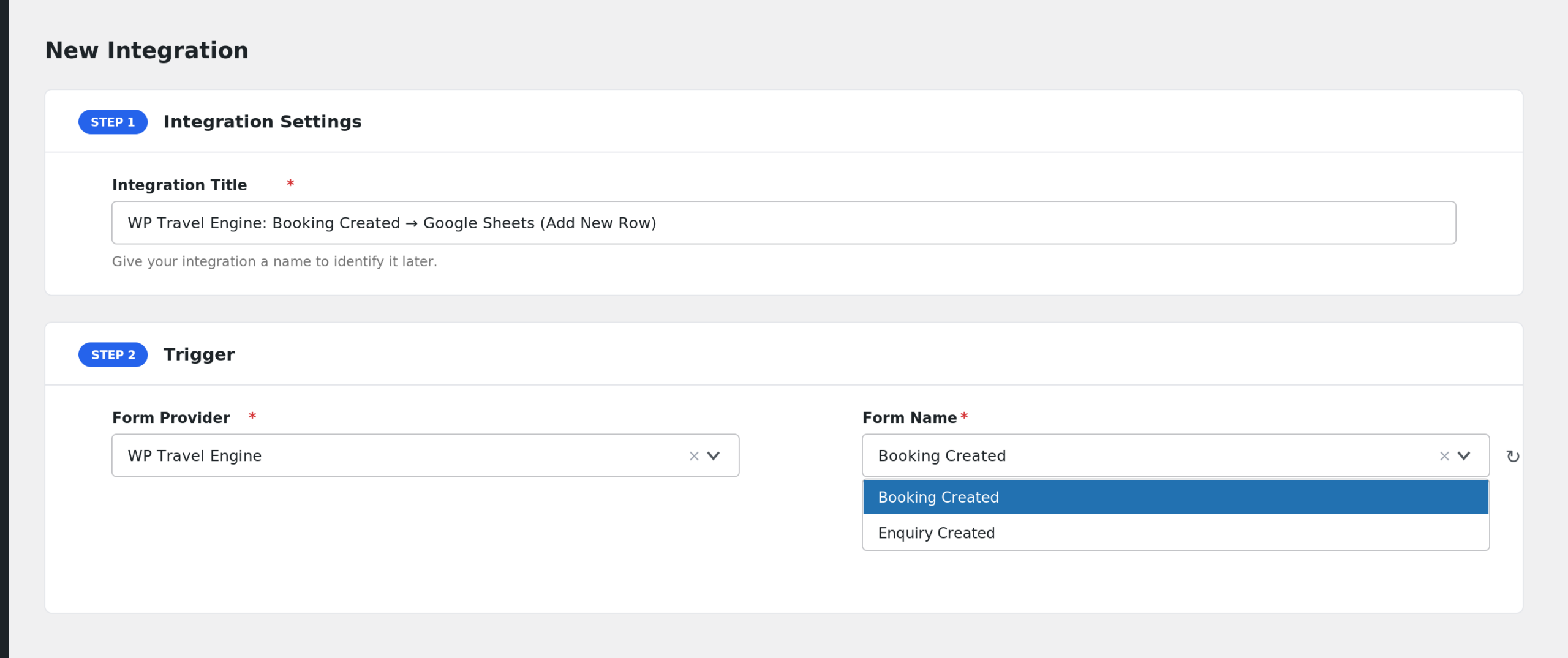 AFI New Integration screen with WP Travel Engine selected and the two events in the Form/Task Name dropdown