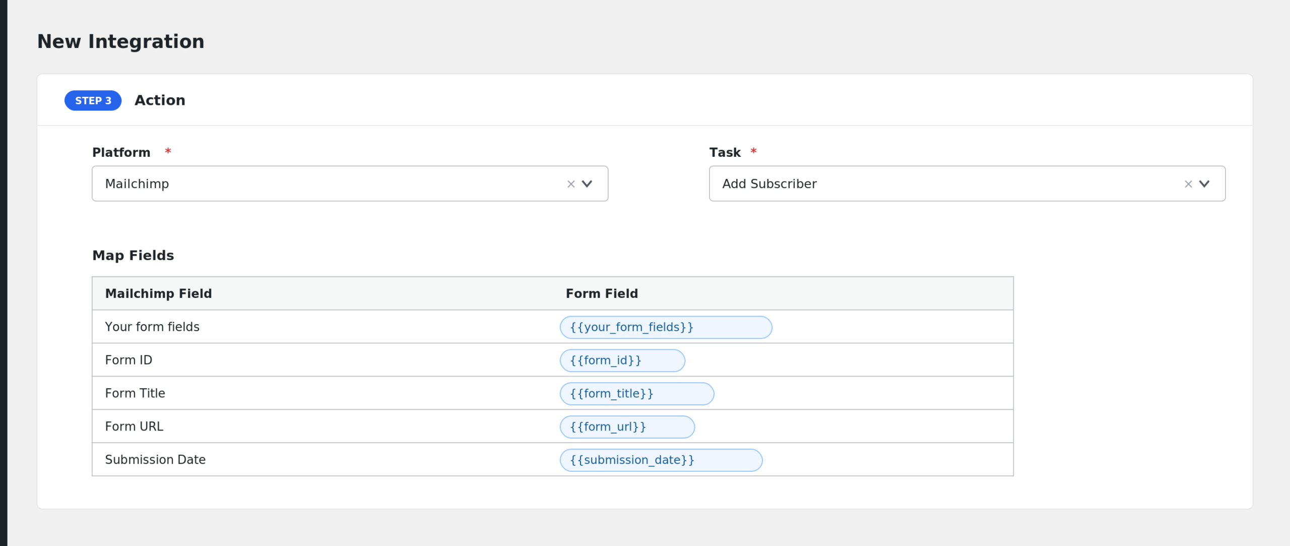 field mapping section showing WPZOOM form fields mapped to Mailchimp fields