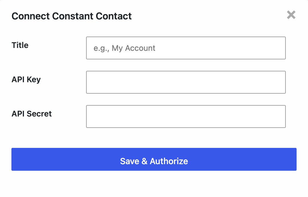 AFI Connect Constant Contact dialog with Title, API Key and API Secret fields