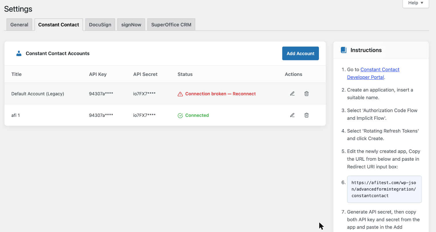 AFI Settings, Constant Contact tab, with the account list, connection status and setup instructions
