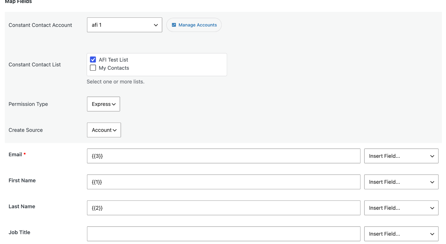 Constant Contact action with account, list checkboxes, Permission Type, Create Source and Email, First Name and Last Name mapped