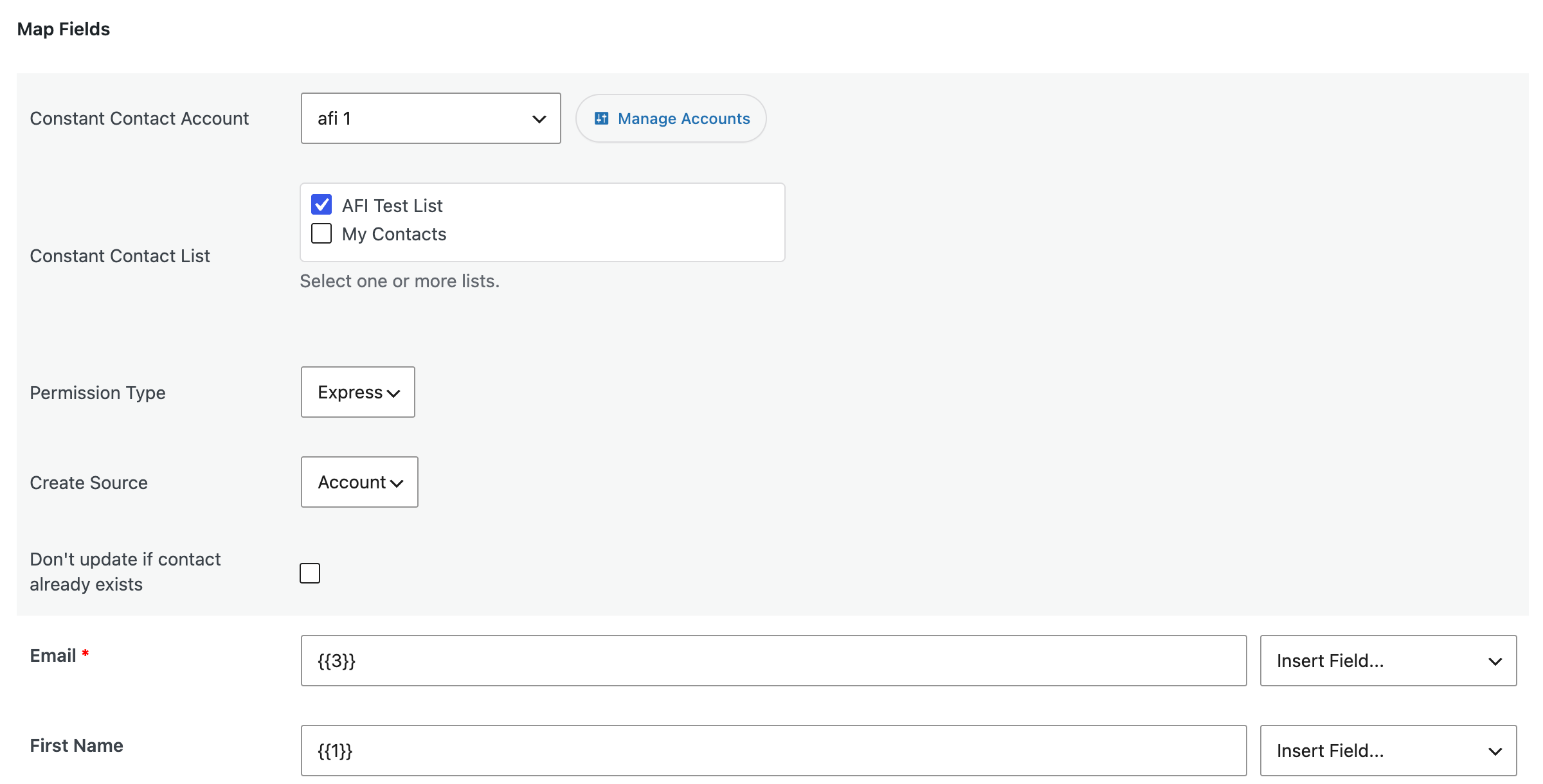 Constant Contact [PRO] settings with the Don't update if contact already exists checkbox
