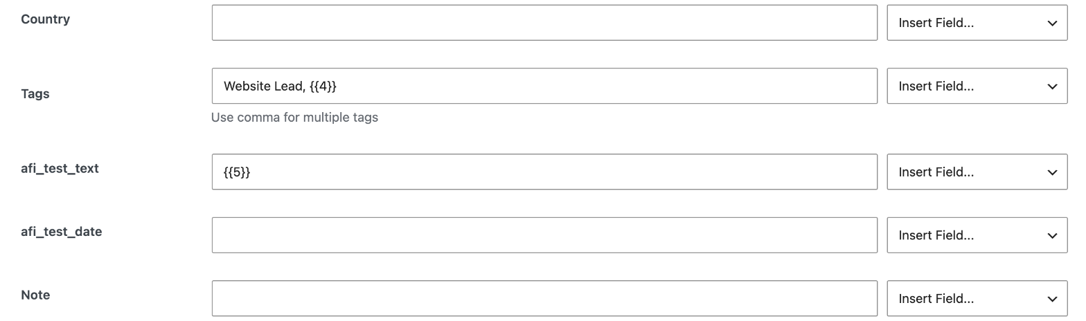 Constant Contact [PRO] fields: Tags with a static tag and a form field, two custom fields and Note