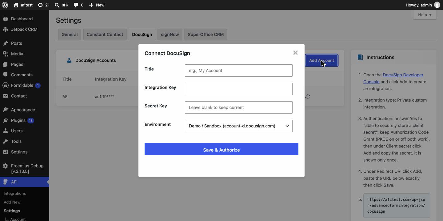 AFI Connect DocuSign dialog with Integration Key, Secret Key and Environment fields