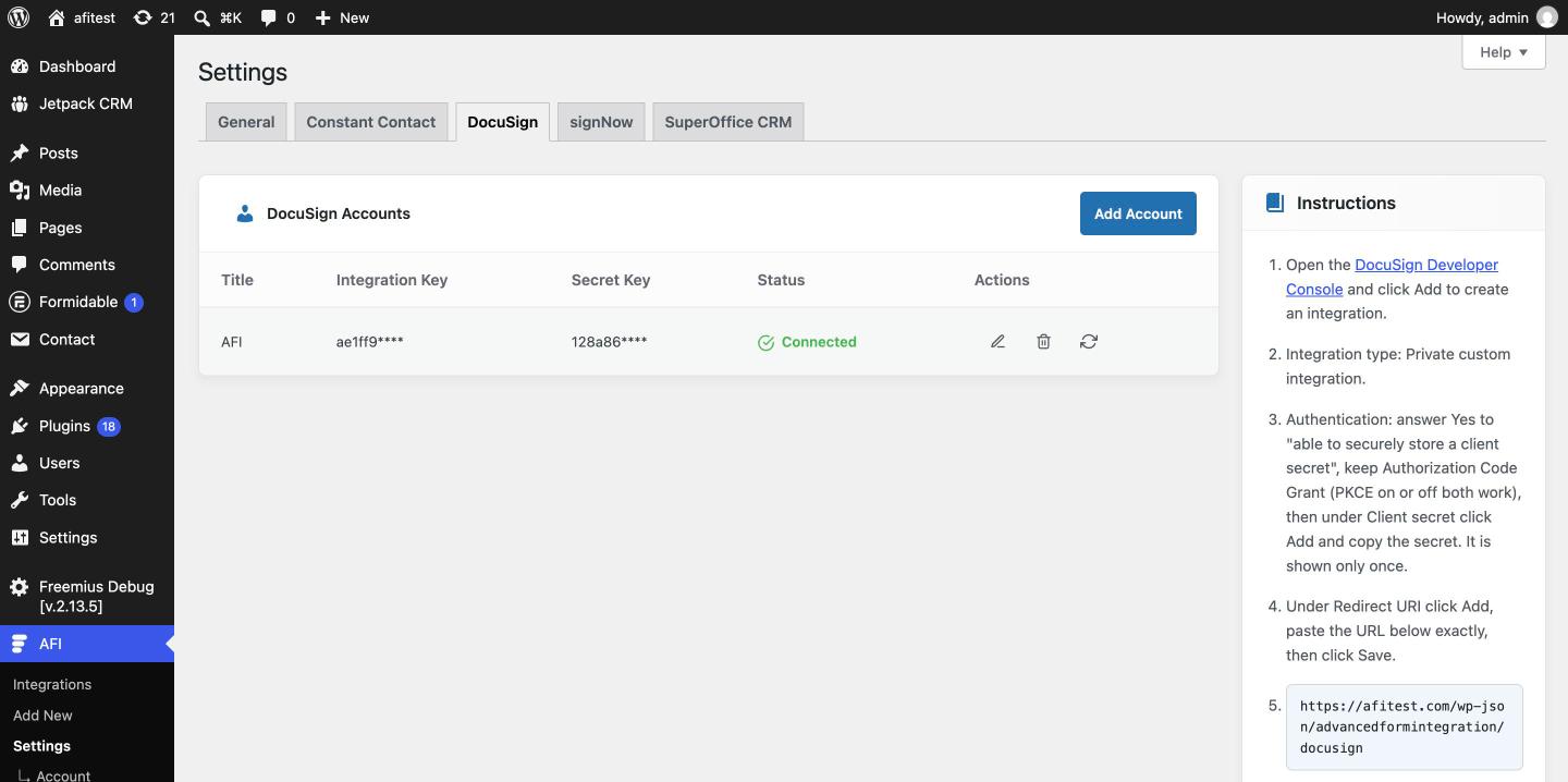 AFI Settings, DocuSign tab, with setup instructions and the Redirect URI
