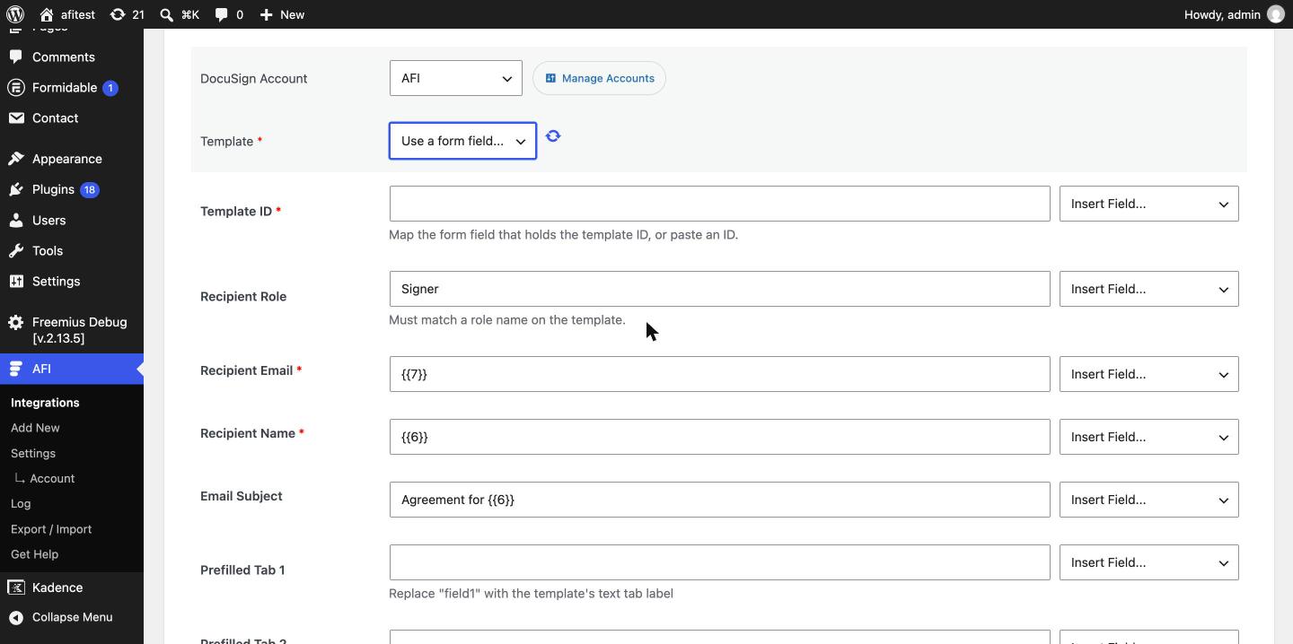 DocuSign action in Use a form field mode, with Template ID and Recipient Role as mapping fields