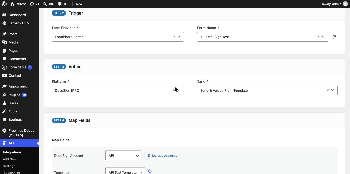 AFI integration editor with a form trigger and DocuSign selected as the action platform