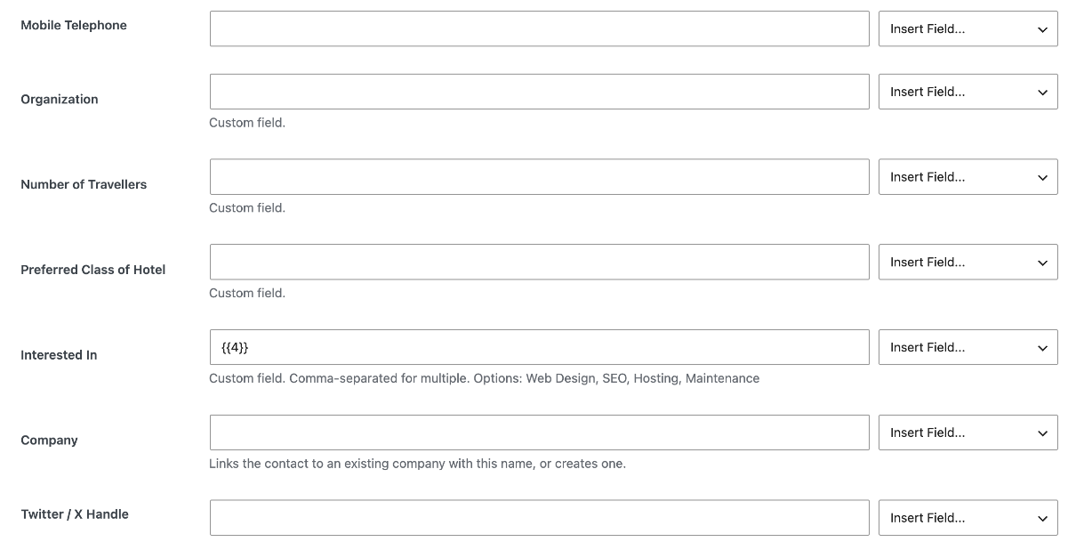 Jetpack CRM custom fields in the AFI editor, with a checkbox field showing its options and the Company field
