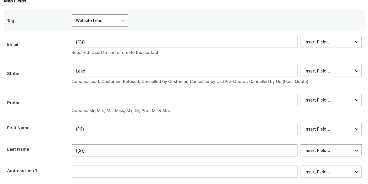 Jetpack CRM action with a Tag selected and Email, Status, First Name and Last Name mapped