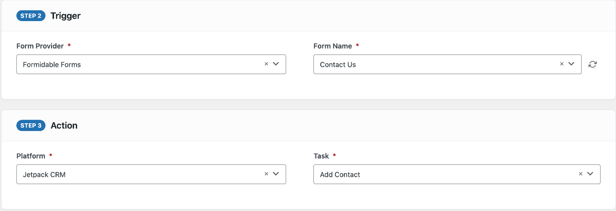 AFI integration editor with a Formidable Forms trigger and Jetpack CRM Add Contact as the action