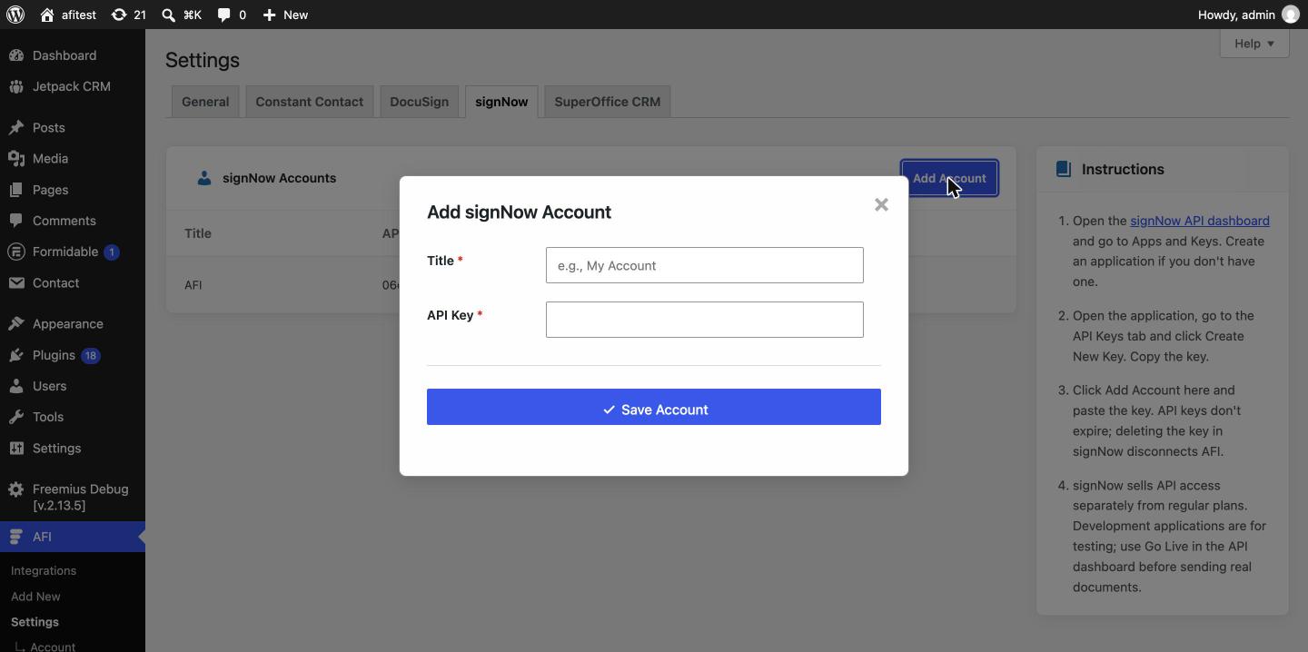 AFI Add signNow account dialog with Title and API Key fields