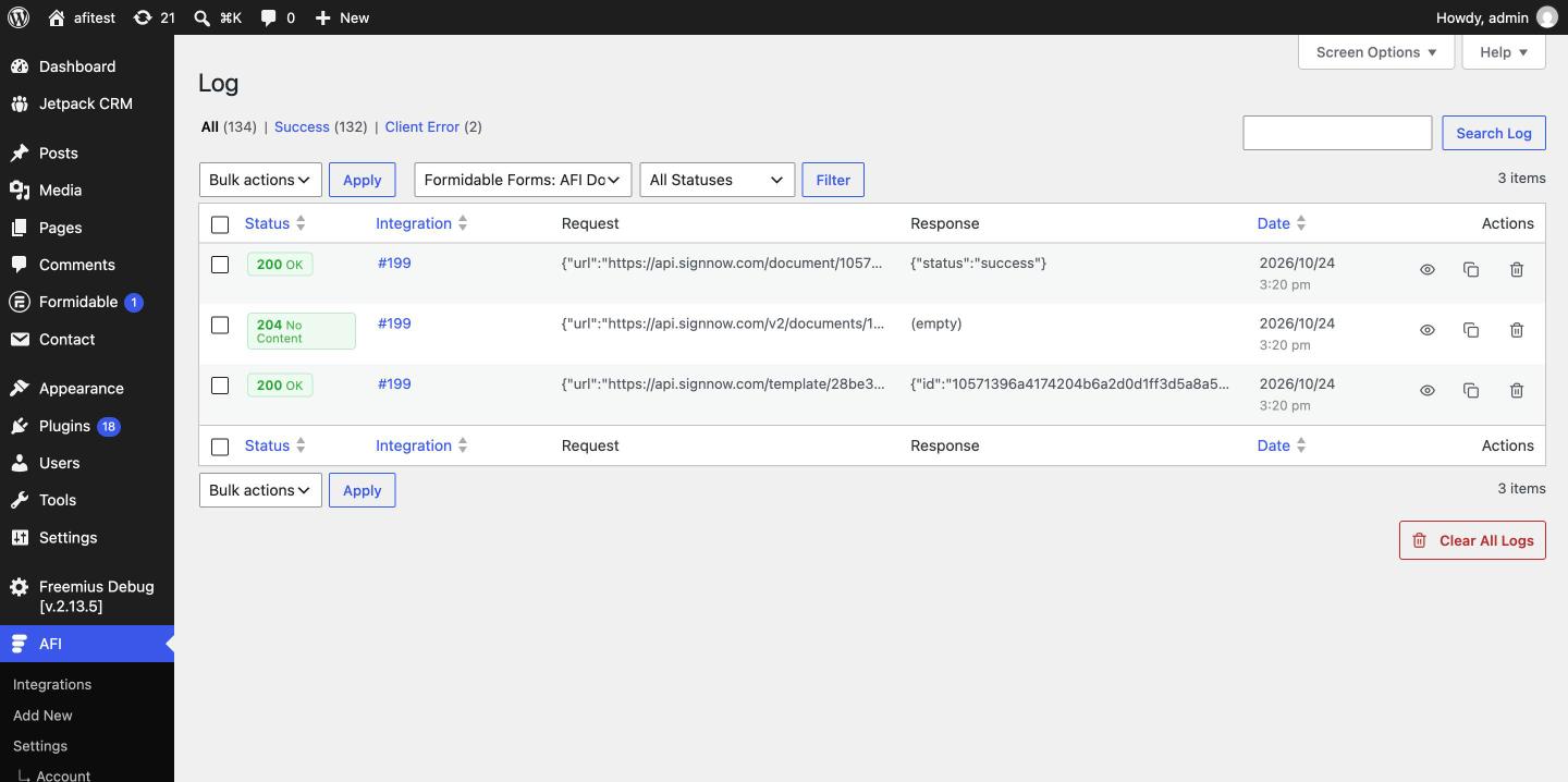 AFI Log showing the three signNow requests for one submission: copy 200, prefill 204, invite 200