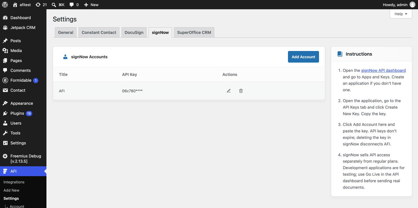 AFI Settings, signNow tab, with setup instructions and the account list