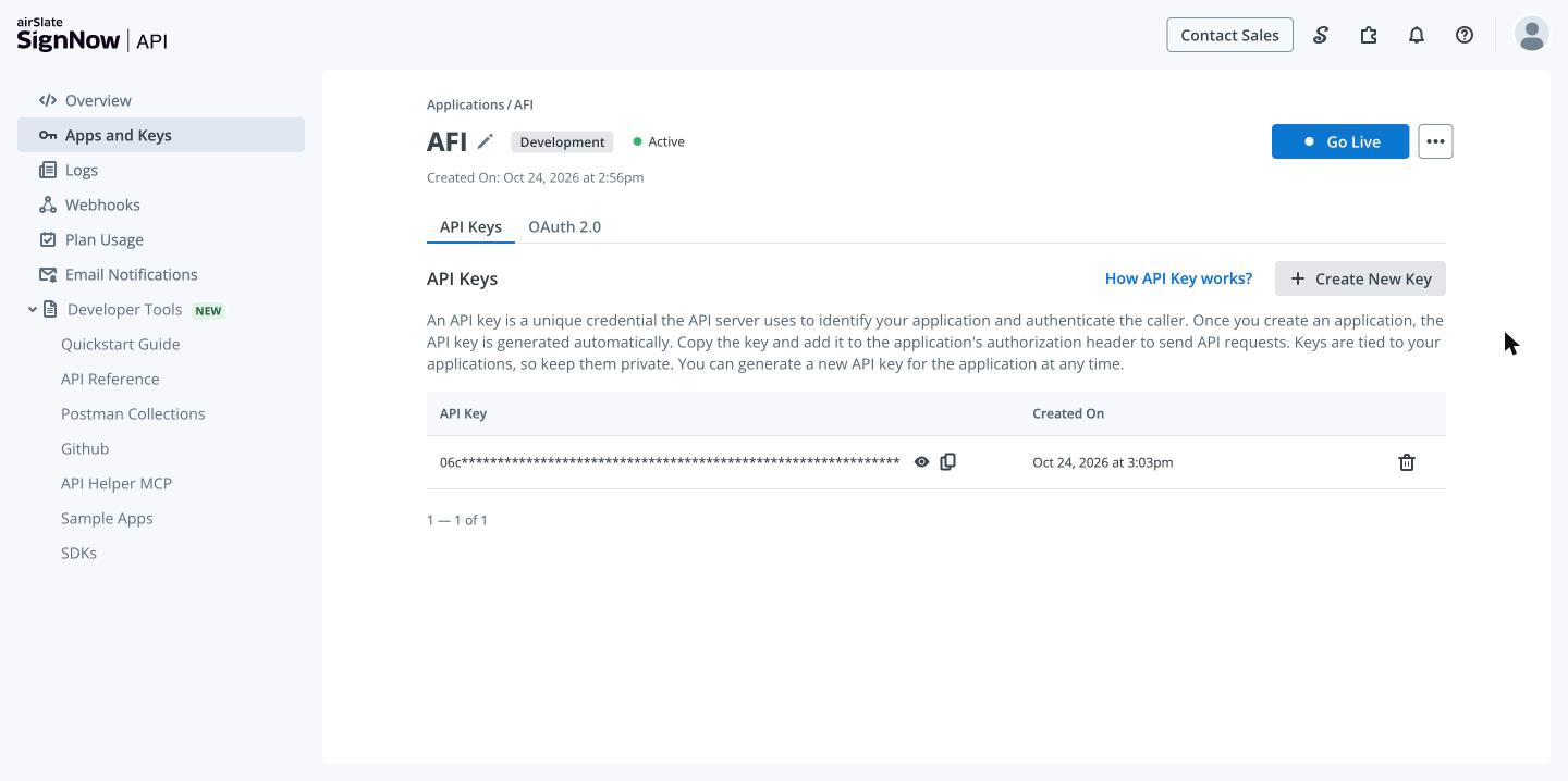 signNow application API Keys tab with a masked key and the Create New Key button