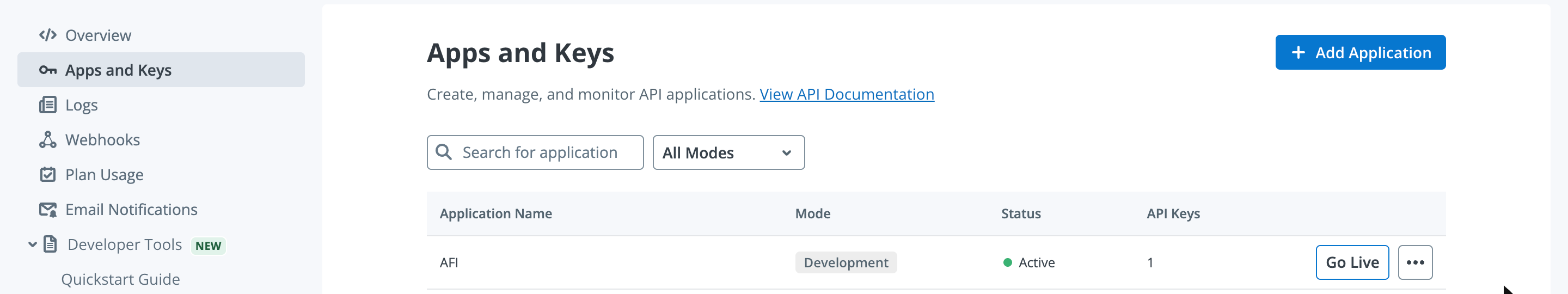 signNow API dashboard, Apps and Keys list with an application named AFI