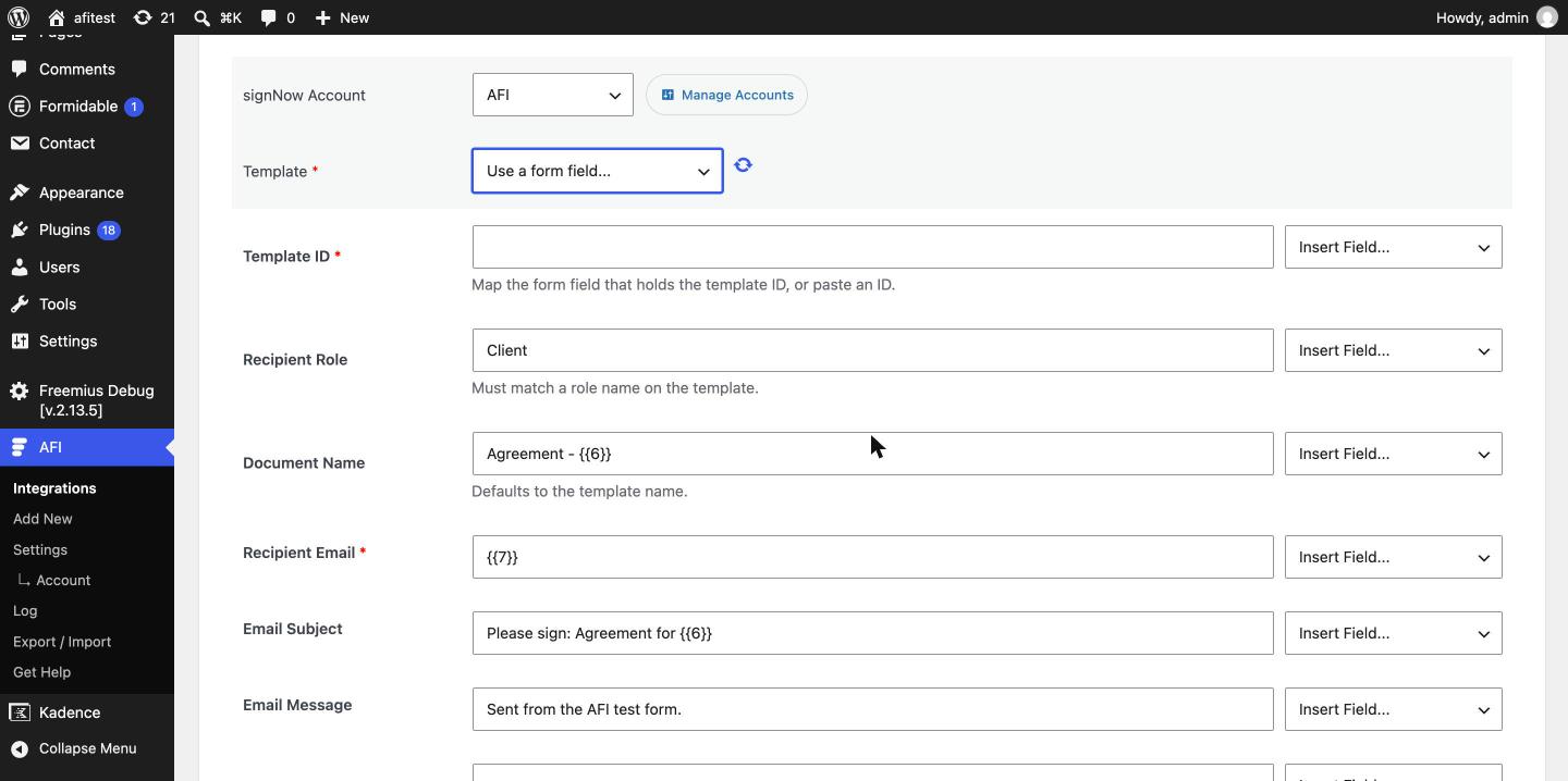 signNow action in Use a form field mode, with Template ID and Recipient Role as mapping fields
