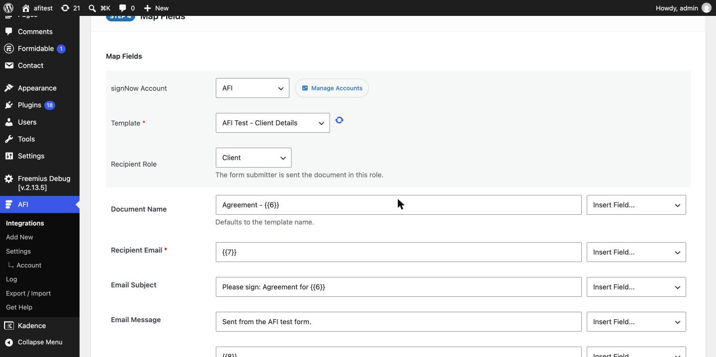 signNow action with Template and Recipient Role dropdowns and Document Name, Recipient Email, Subject and Message fields