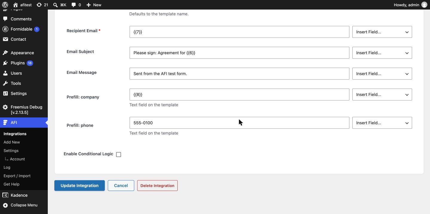 signNow [PRO] action showing Prefill rows for the template text fields mapped to form fields