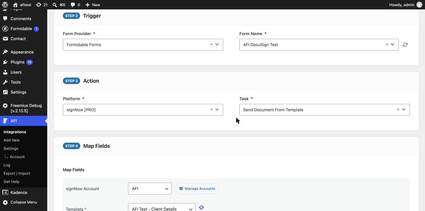 AFI integration editor with a form trigger and signNow selected as the action platform