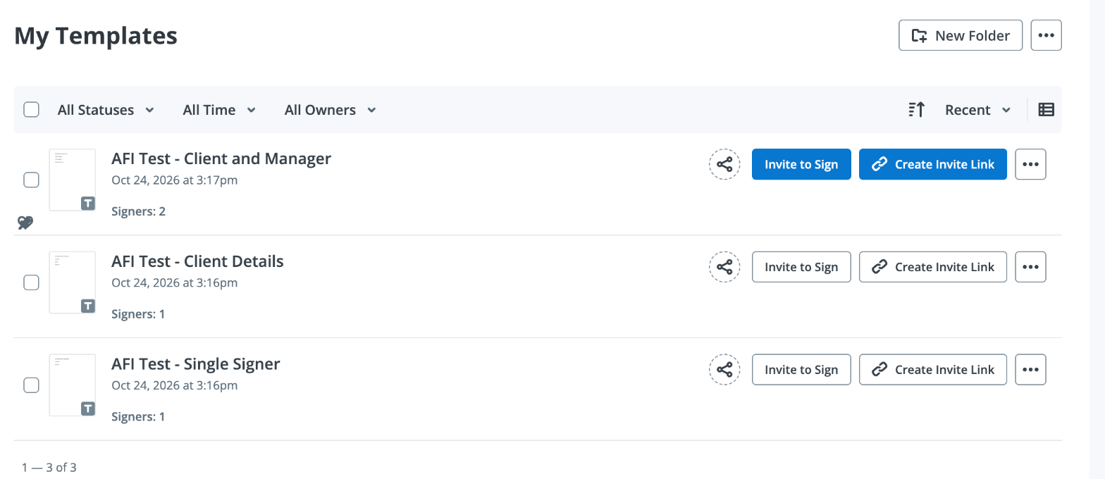 signNow Templates folder listing three templates