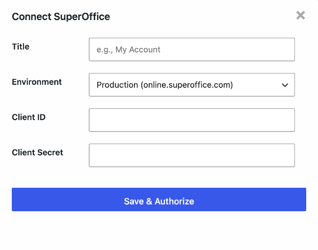 AFI Connect SuperOffice dialog with Title, Environment, Client ID and Client Secret fields