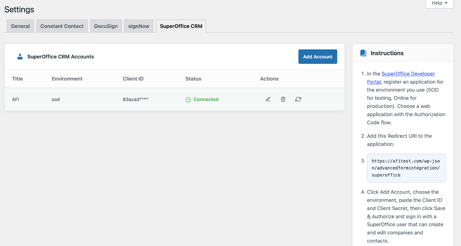AFI Settings, SuperOffice CRM tab, with a connected account and setup instructions