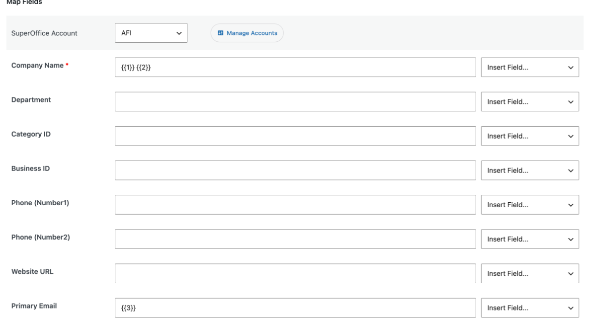 SuperOffice action with the account selected and Company Name and Primary Email mapped to form fields
