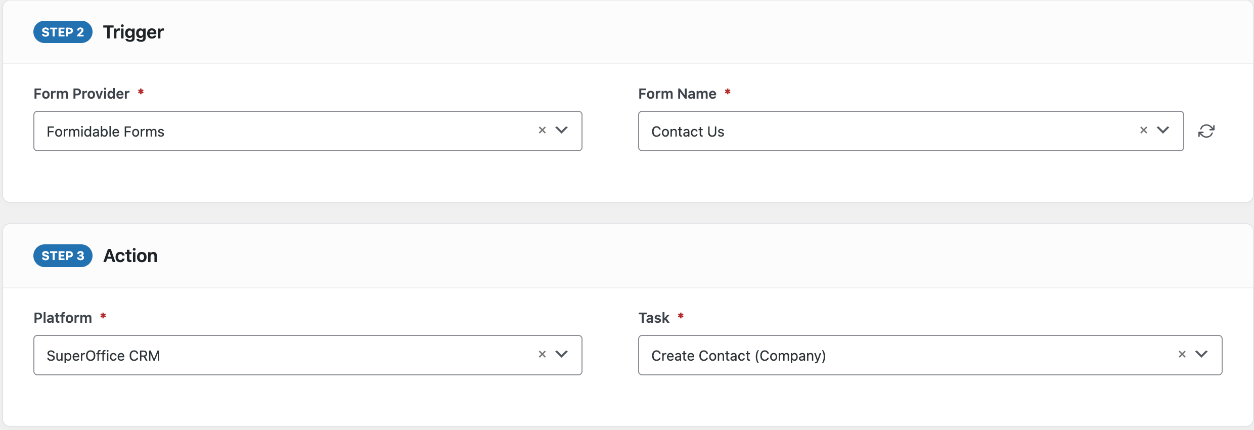 AFI integration editor with a Formidable Forms trigger and SuperOffice CRM Create Contact (Company) as the action