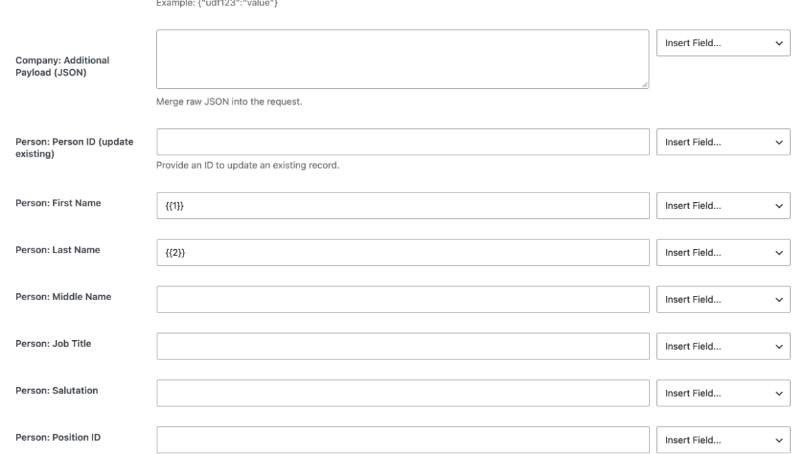 Person fields in the combined task, with First Name and Last Name mapped