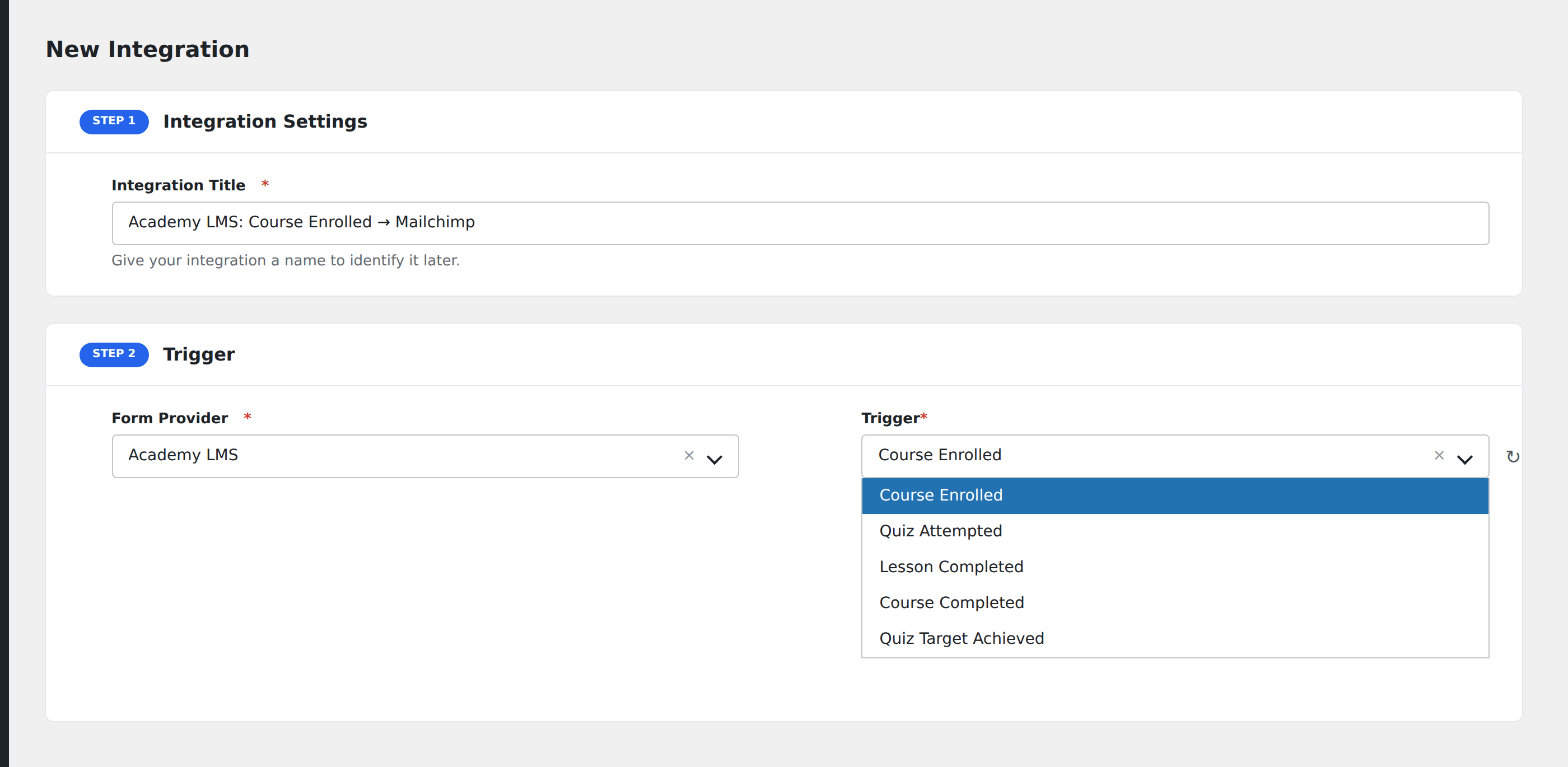 Screenshot: AFI Add New screen with Academy LMS selected