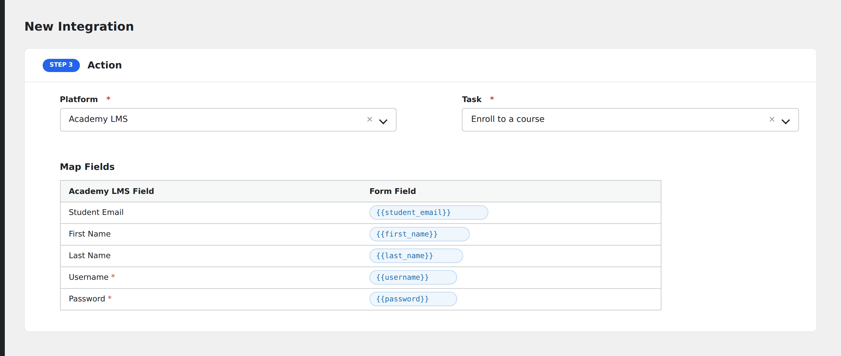 Screenshot: AFI field-mapping screen with Academy LMS course selection visible