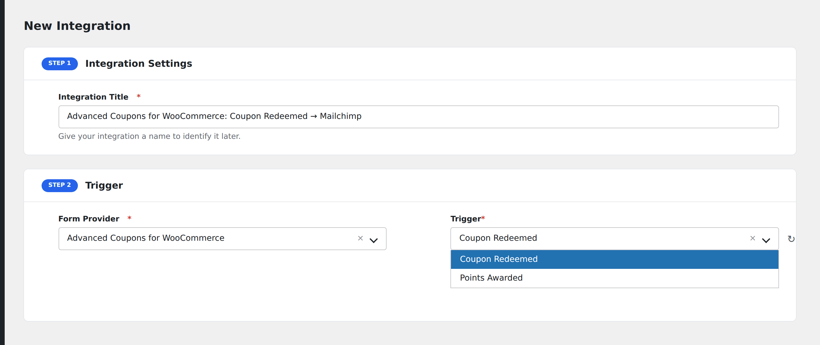 Screenshot: AFI Add New screen with Advanced Coupons selected as the Form Provider, showing the available coupon and loyalty events