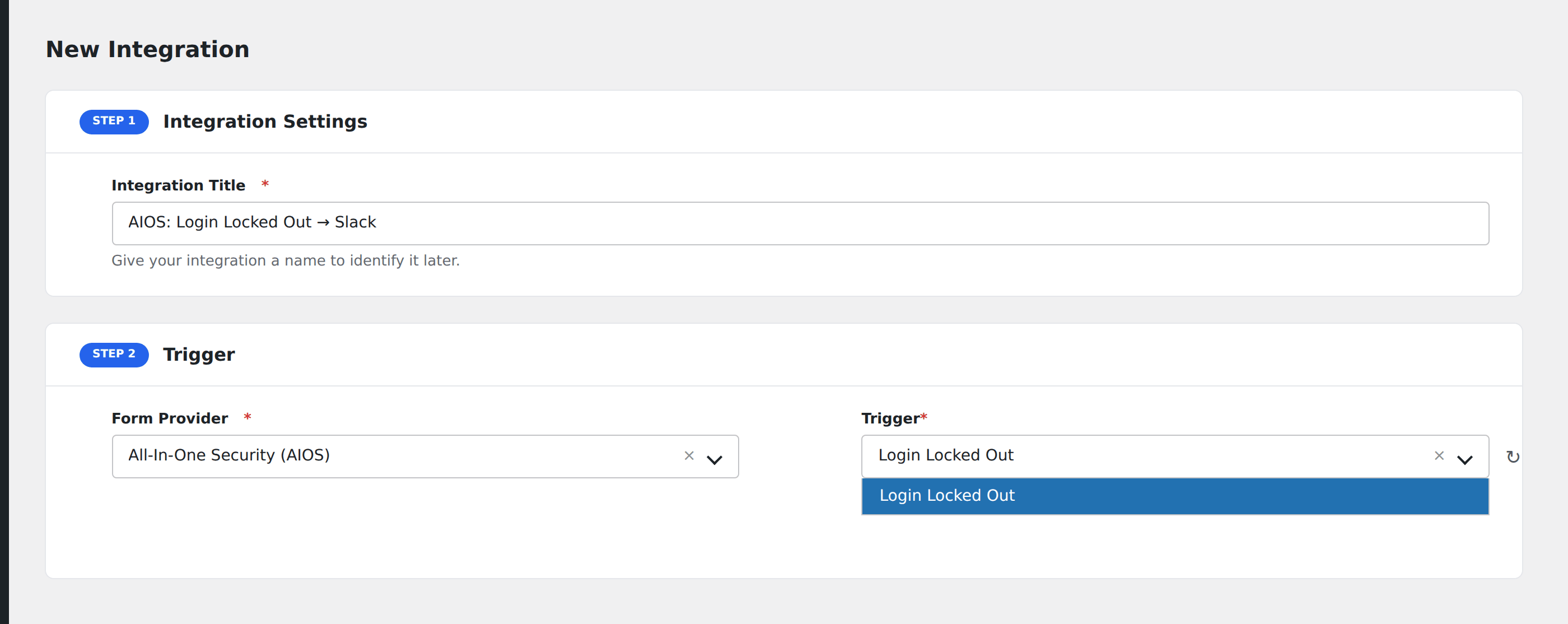 Screenshot: AFI Add New screen with AIOS selected as the Form/Data Provider