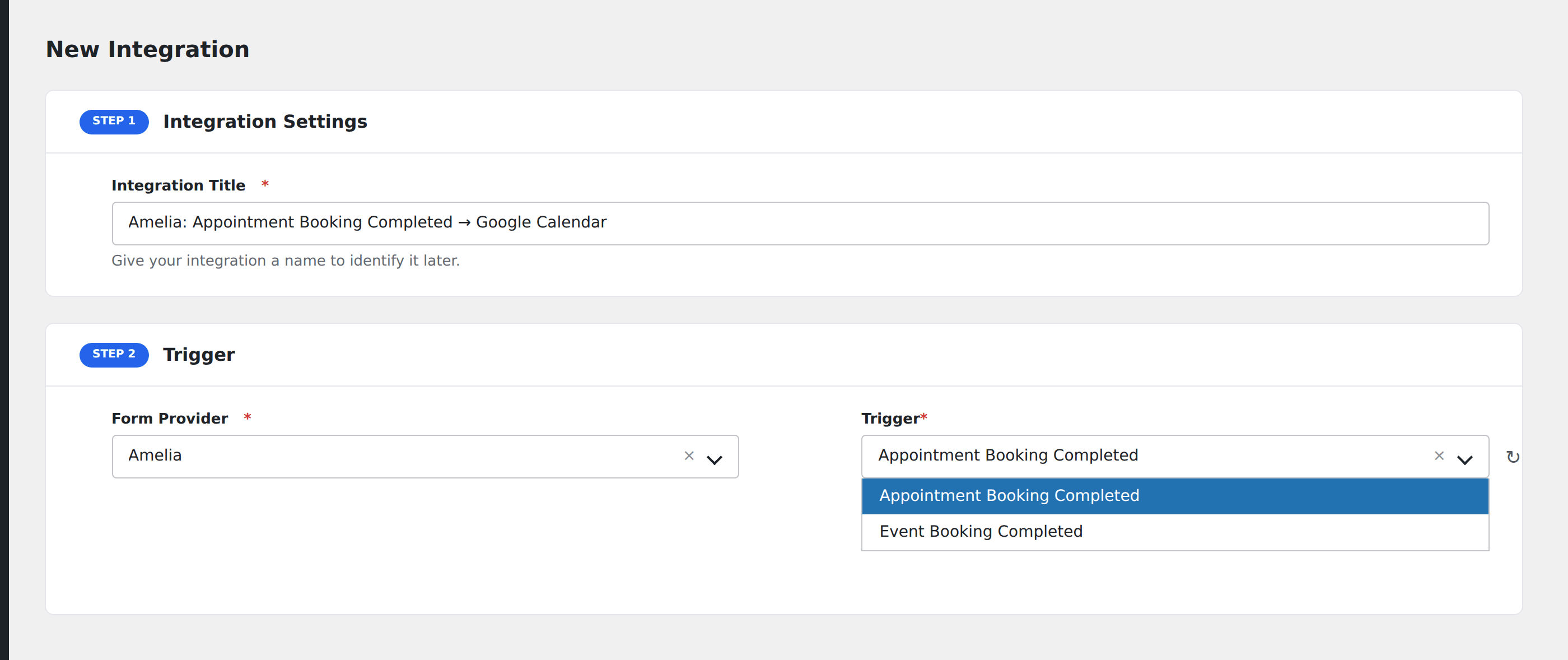 Screenshot: AFI Add New screen with Amelia selected as the Form Provider and the booking events available