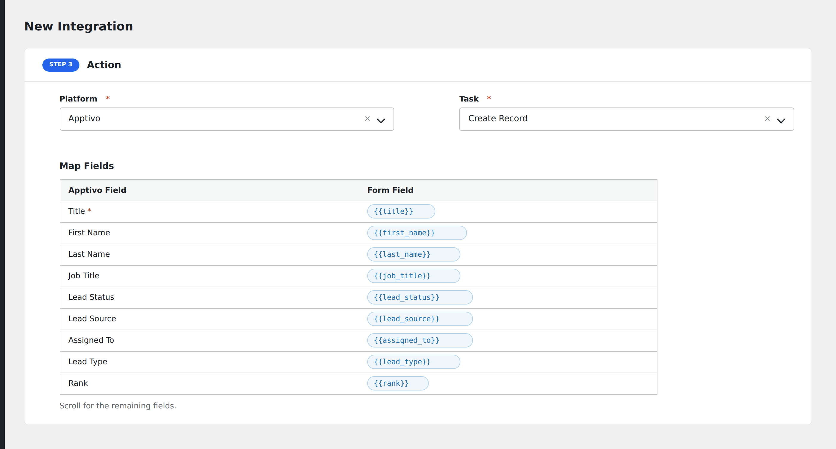 Screenshot: AFI field-mapping screen with Apptivo lead fields visible