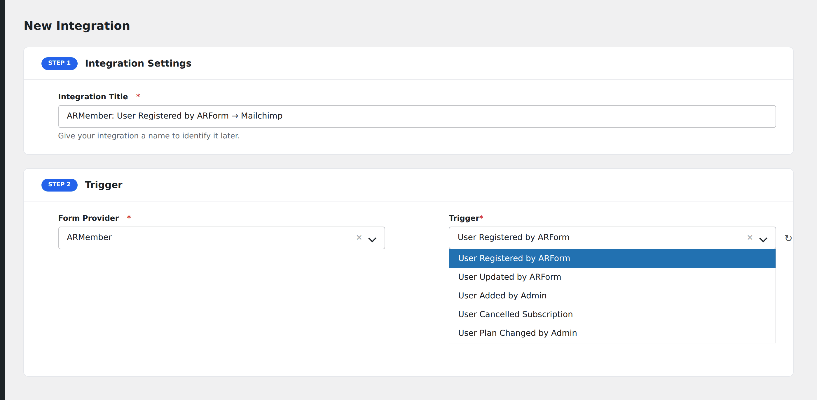Screenshot: AFI Add New screen with ARMember selected as the Form Provider, showing the available membership events