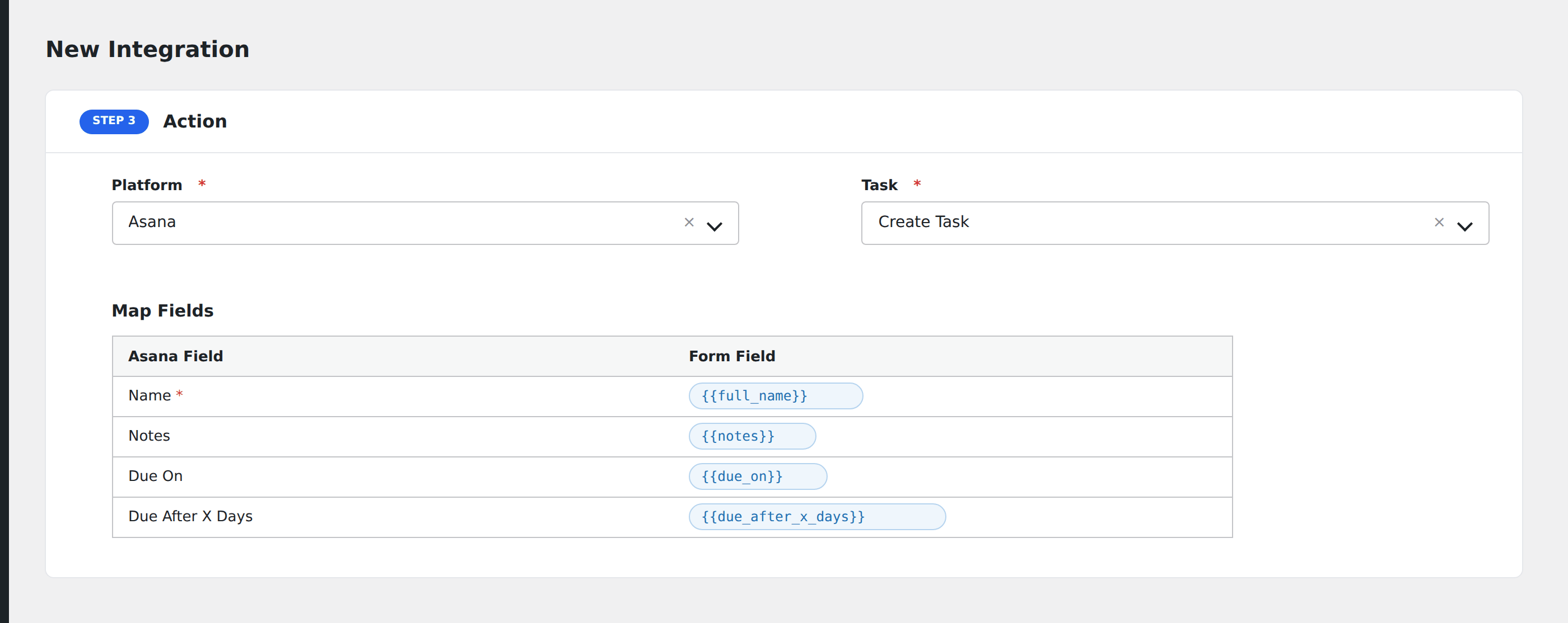 Screenshot: AFI field-mapping screen with Asana task fields visible