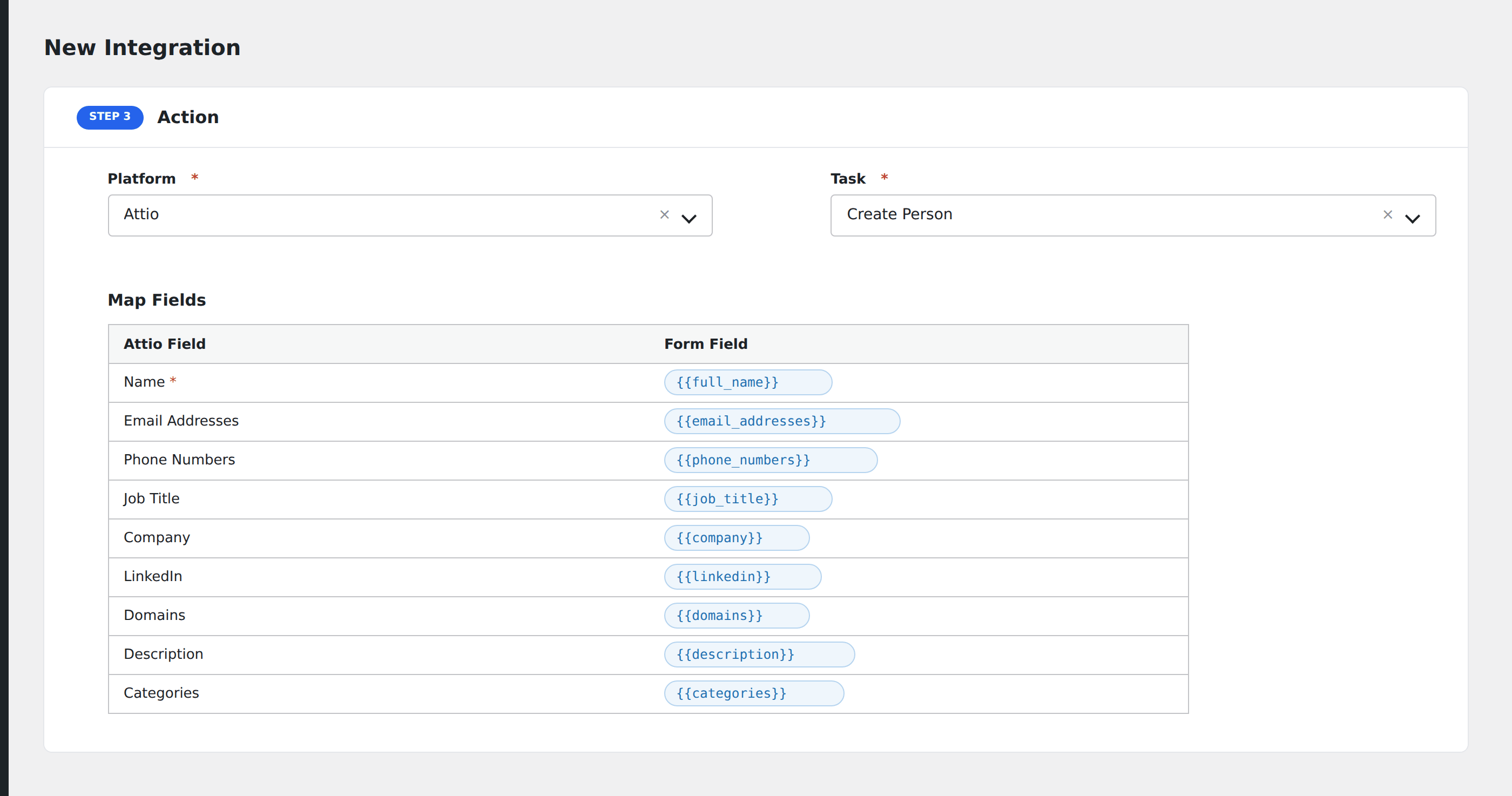 Screenshot: AFI field-mapping screen with Attio person attributes visible