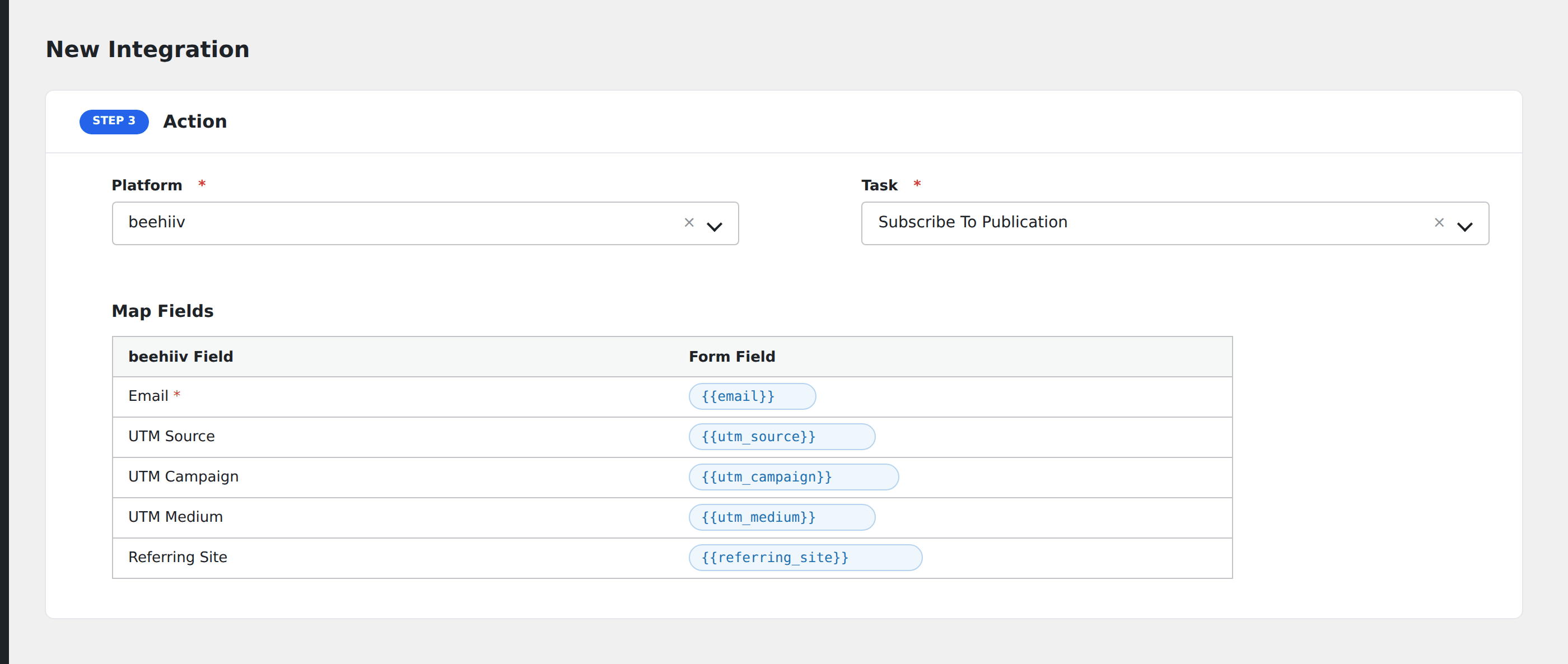 Screenshot: AFI field-mapping screen with beehiiv publication and subscriber fields visible