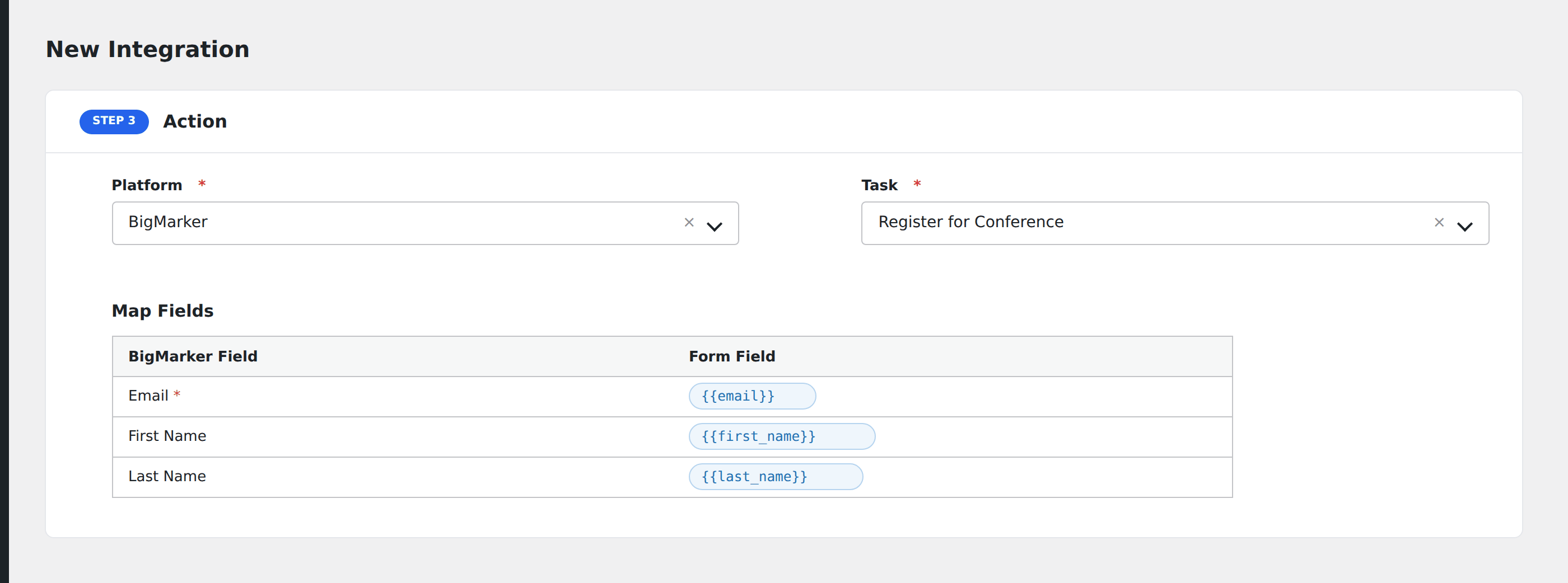 Screenshot: AFI field-mapping screen with BigMarker fields visible