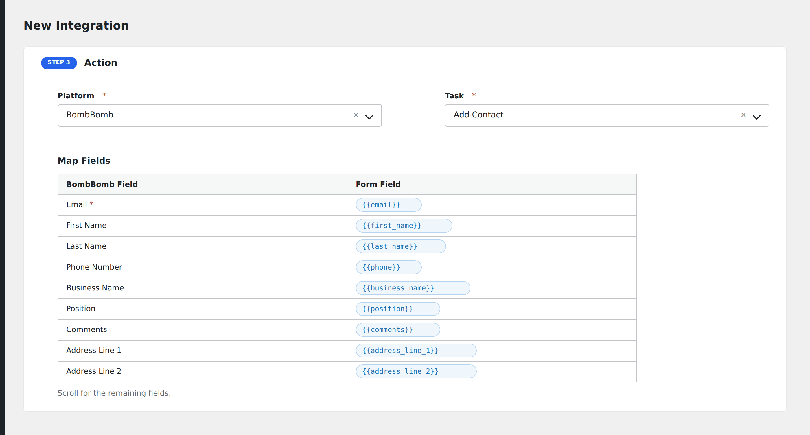 Screenshot: AFI field-mapping screen with BombBomb list and contact fields visible